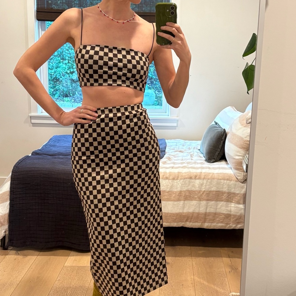 Reformation Two Piece set brown/tan checker top and skirt